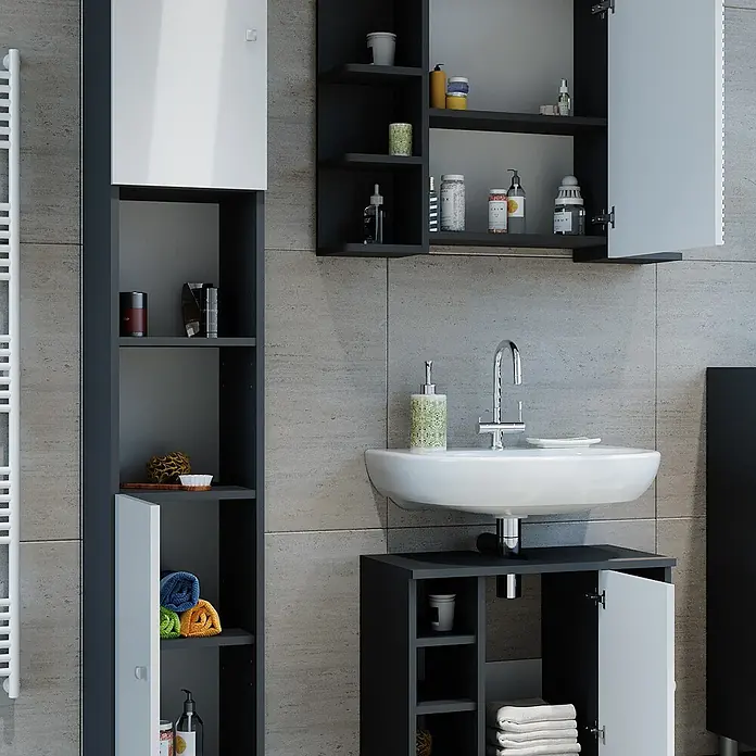 Vicco Badmöbel-Set Fynn Anthrazit 3 Teile, mit Hochschrank - Gesamtbreite Badmöbel: 90 cm, Anthrazit, Glänzend - Modernes schwarz-weißes Badmöbelset: Hochschrank, Spiegelschrank und Waschtischunterschrank mit Waschbecken.