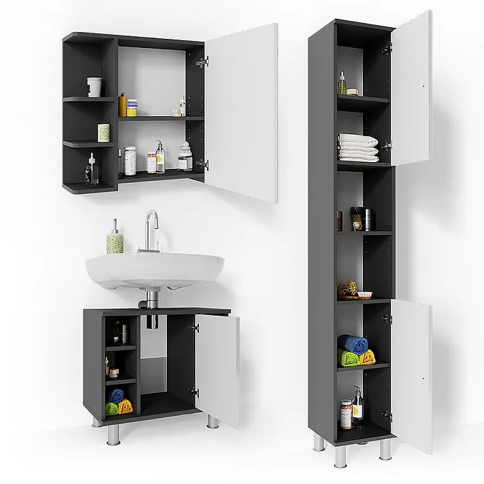 Vicco Badmöbel-Set Fynn Anthrazit 3 Teile, mit Hochschrank - Gesamtbreite Badmöbel: 90 cm, Anthrazit, Glänzend - Badmöbel-Set Anthrazit-Weiß: Waschtischunterschrank, Hängeschrank und Hochschrank.