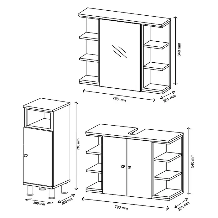 Vicco Badmöbel-Set Aquis Weiß 3 Teile - Gesamtbreite Badmöbel: 106,9 cm, Weiß, Matt - Drei hellholzfarbene Badschränke: ein Spiegelschrank, ein hoher Lagerschrank und ein Waschtischunterschrank.