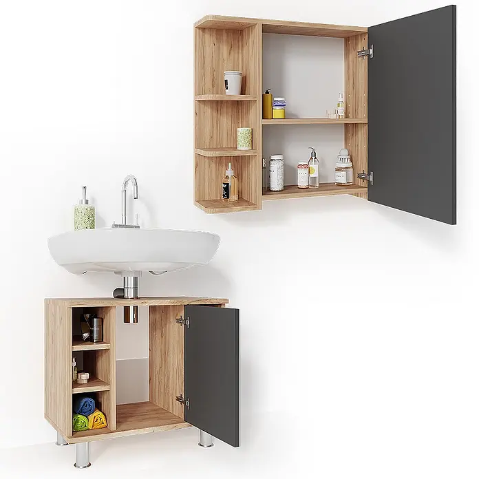 Vicco Badmöbel-Set Fynn Eiche 2 Teile - Gesamtbreite Badmöbel: 60 cm, Eiche, Matt - Badmöbel-Set aus hellem Holzdekor mit dunkelgrauen Türen, bestehend aus einem Wandschrank und einem Unterschrank mit Waschbecken.