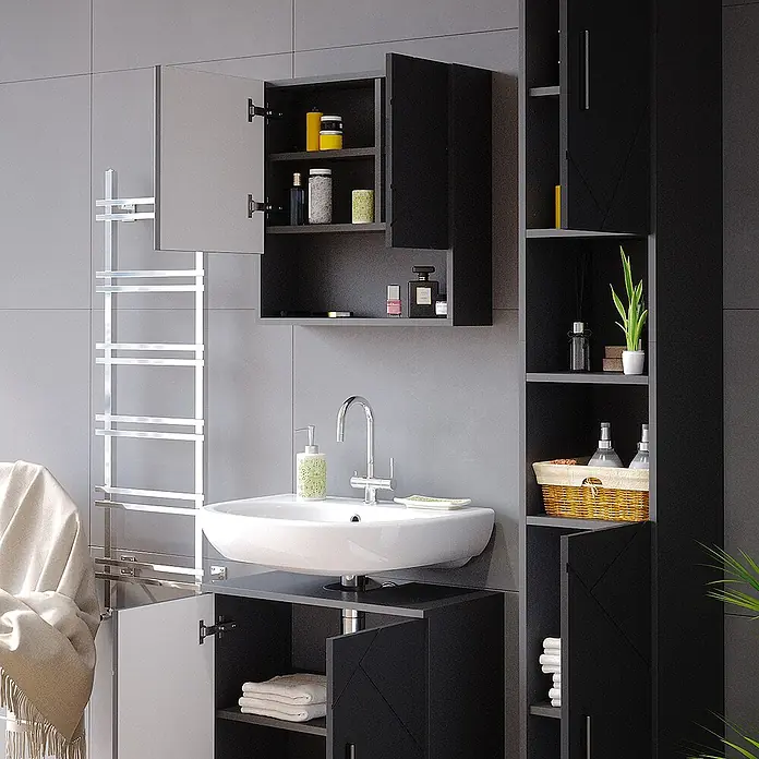 Vicco Badmöbel-Set Irma Anthrazit Hochglanz 3 Teile, mit Hochschrank - Gesamtbreite Badmöbel: 90 cm, Anthrazit Hochglanz, Glänzend - Modernes dunkelgraues und hellgraues Badmöbel-Set mit Waschbecken, Wand- und Hochschrank.