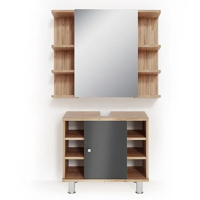 Vicco Badmöbel-Set Fynn Eiche 2 Teile - Gesamtbreite Badmöbel: 60 cm, Eiche, Matt - Hellbrauner Badschrank-Set aus Holz mit Spiegelschrank und dunkelgrauem Waschtischunterschrank.