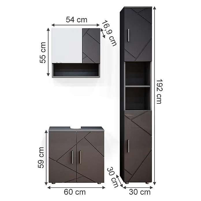 Vicco Badmöbel-Set Irma Anthrazit Hochglanz 3 Teile, mit Hochschrank - Gesamtbreite Badmöbel: 90 cm, Anthrazit Hochglanz, Glänzend - Dunkelgraues Badmöbel-Set mit geometrischem Muster, bestehend aus Wand-, Hochschrank und Waschbeckenunterschrank. Modernes Design.