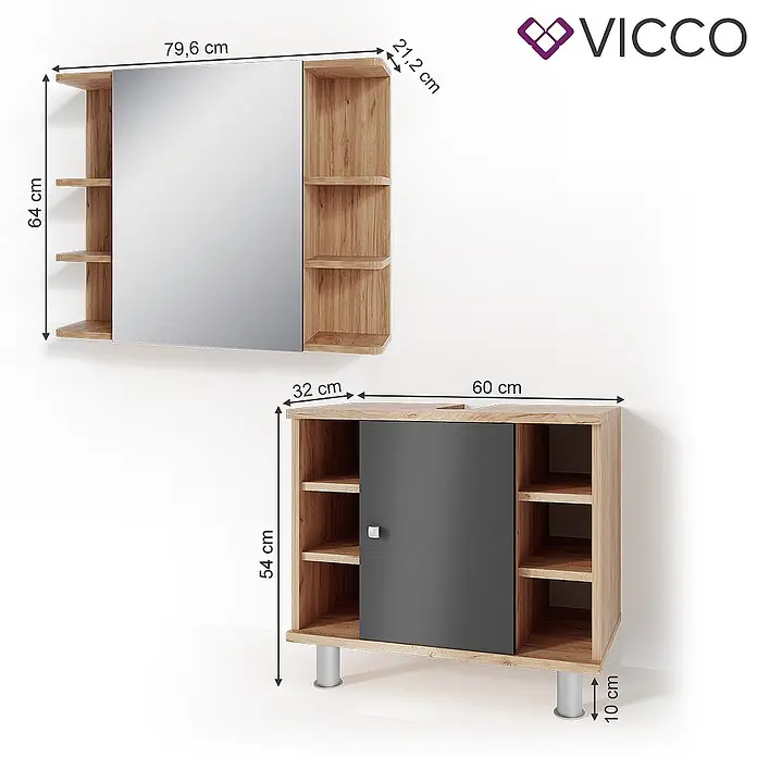 Vicco Badmöbel-Set Fynn Eiche 2 Teile - Gesamtbreite Badmöbel: 60 cm, Eiche, Matt - Zweiteiliges Badezimmerset: Wandspiegel-Schrank mit offenen Regalen und passender Waschtischunterschrank mit grauer Tür und silbernen Beinen.