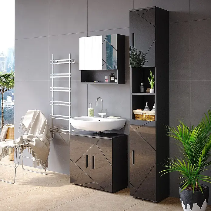 Vicco Badmöbel-Set Irma Anthrazit Hochglanz 3 Teile, mit Hochschrank - Gesamtbreite Badmöbel: 90 cm, Anthrazit Hochglanz, Glänzend - Modernes schwarzes Hochglanz-Badmöbel-Set mit Waschbeckenunterschrank, Spiegelschrank und hohen Aufbewahrungsschränken.