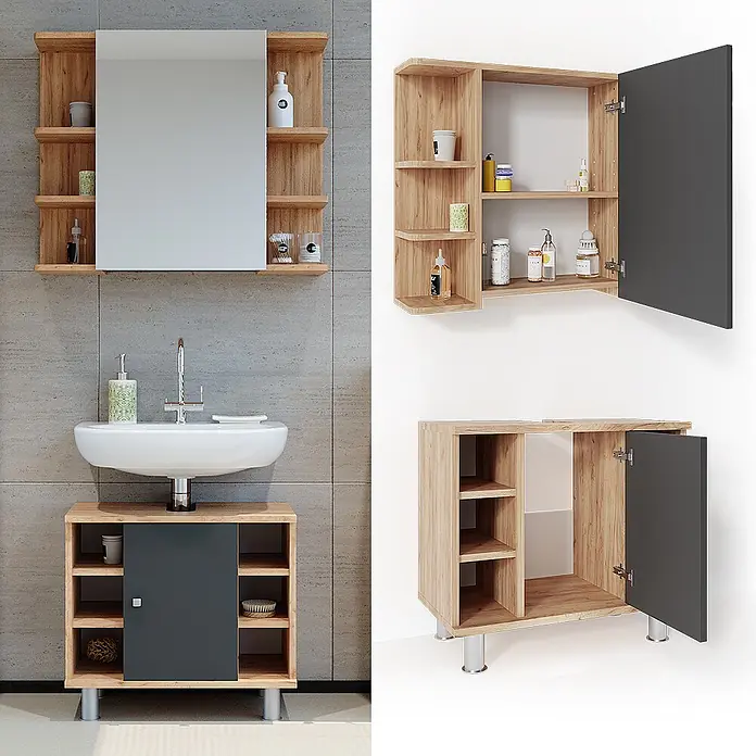 Vicco Badmöbel-Set Fynn Eiche 2 Teile - Gesamtbreite Badmöbel: 60 cm, Eiche, Matt - Badezimmer-Möbelset aus hellem Holz: Spiegelschrank und Waschbeckenunterschrank mit dunkelgrauen Türen.