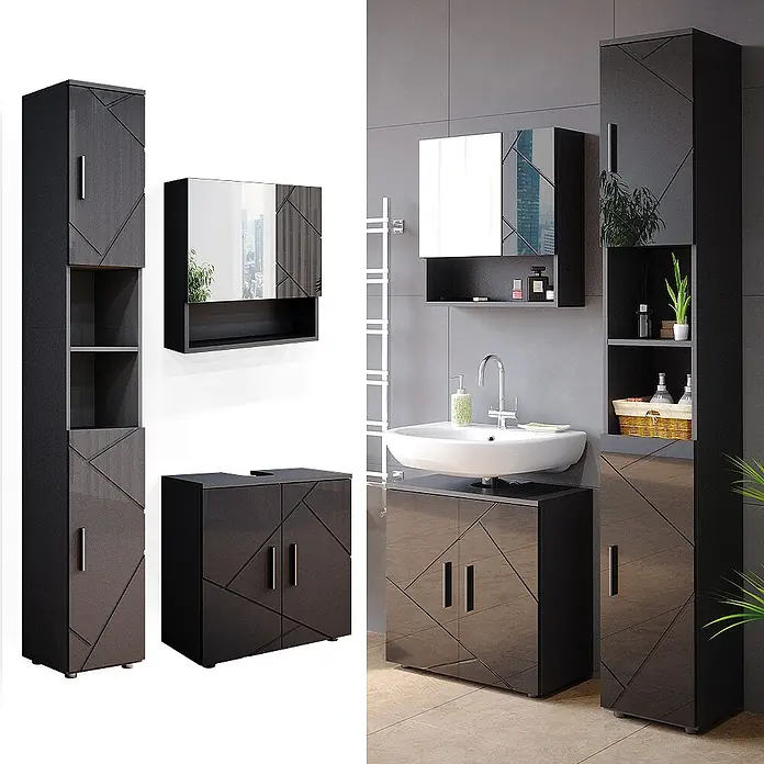 Vicco Badmöbel-Set Irma Anthrazit Hochglanz 3 Teile, mit Hochschrank - Gesamtbreite Badmöbel: 90 cm, Anthrazit Hochglanz, Glänzend - Schwarzes und dunkelgraues Badezimmermöbelset mit geometrischem Muster, inkl. Hochschrank, Spiegelschrank und Waschtisch.