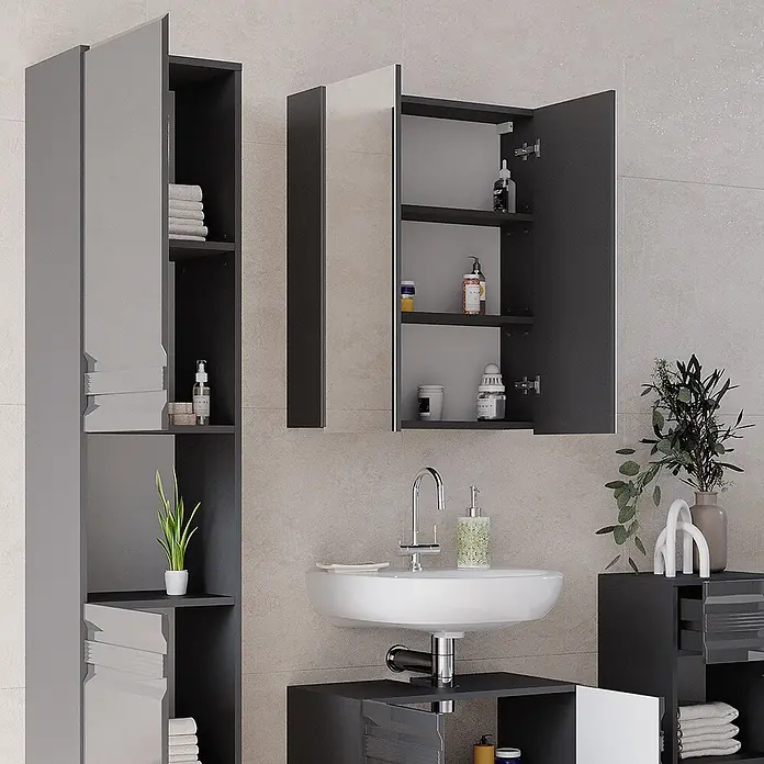Vicco Badmöbel-Set Fredd Anthrazit Hochglanz 4 Teile - Gesamtbreite Badmöbel: 132,8 cm, Anthrazit Hochglanz, Matt - Modulares Badschrank-Set in Dunkelgrau und Hellgrau mit Spiegelschrank und hohen Aufbewahrungseinheiten für stilvolle Badaufbewahrung.