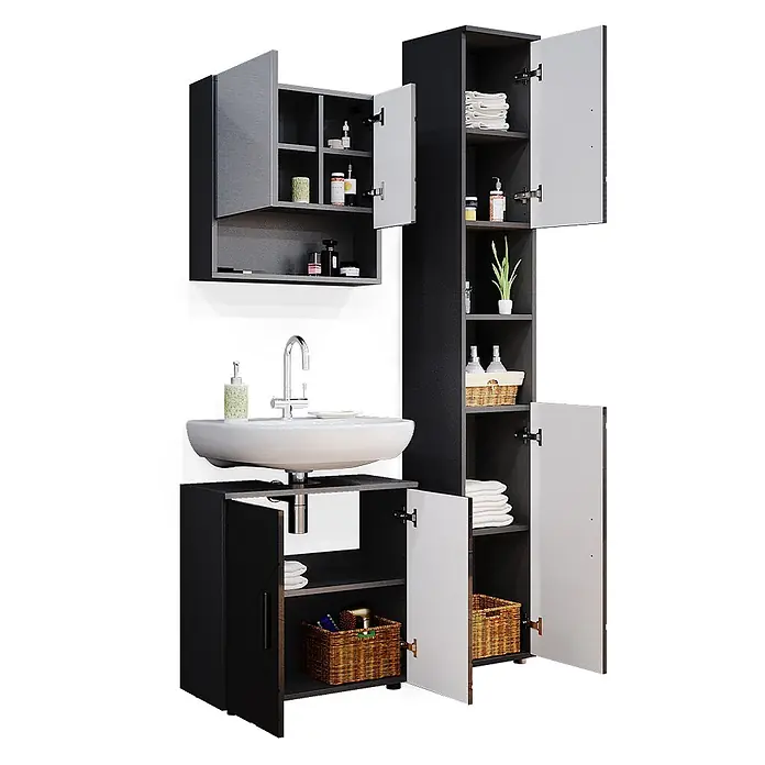 Vicco Badmöbel-Set Irma Anthrazit Hochglanz 3 Teile, mit Hochschrank - Gesamtbreite Badmöbel: 90 cm, Anthrazit Hochglanz, Glänzend - Modernes schwarz-graues Badmöbelset mit weißem Waschbecken, offenen Schränken gefüllt mit Handtüchern und Toilettenartikeln.