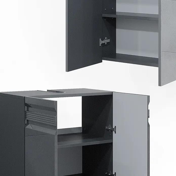 Vicco Badmöbel-Set Fredd Anthrazit Hochglanz 4 Teile - Gesamtbreite Badmöbel: 132,8 cm, Anthrazit Hochglanz, Matt - Dunkelgraues modulares Badmöbel-Set mit offenen Türen, Regalen und Auszug.