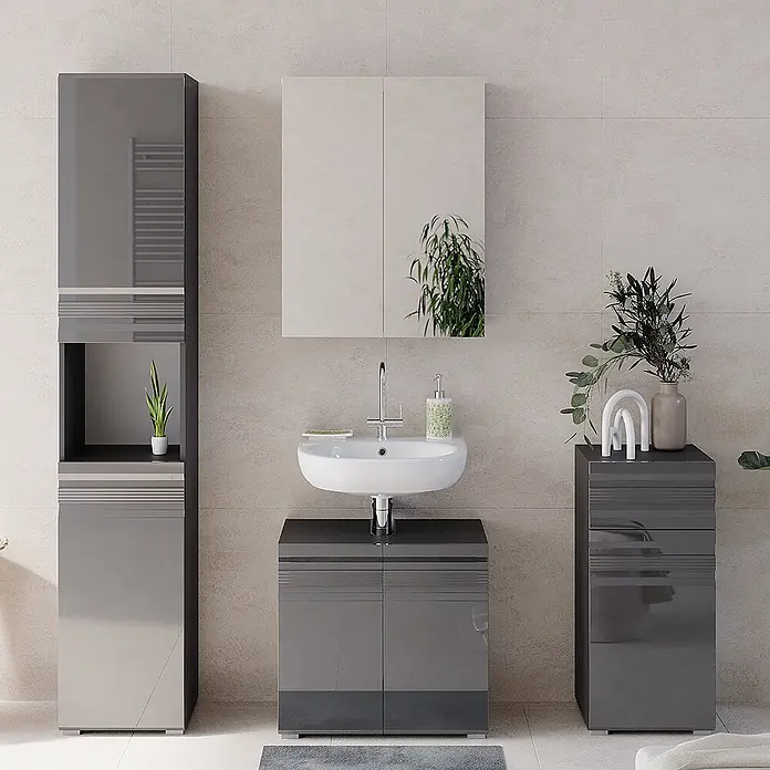 Vicco Badmöbel-Set Fredd Anthrazit Hochglanz 4 Teile - Gesamtbreite Badmöbel: 132,8 cm, Anthrazit Hochglanz, Matt - Glänzendes graues Badmöbel-Set mit Hochschrank, Spiegelschrank, Waschtisch und Unterschrank.