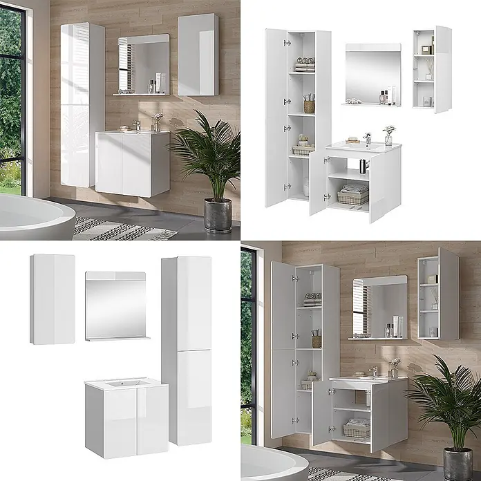 Vicco Badmöbel-Set Izan Weiß 4 Teile - Gesamtbreite Badmöbel: 98,4 cm, Weiß, Glänzend - Weißes hochglänzendes Badezimmermöbelset mit Waschtisch, Hochschrank, Wandschrank und Spiegel, gezeigt im Bad.