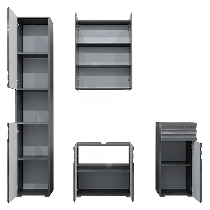 Vicco Badmöbel-Set Fredd Anthrazit Hochglanz 4 Teile - Gesamtbreite Badmöbel: 132,8 cm, Anthrazit Hochglanz, Matt - Satz modularer grauer Schränke mit offenen Türen und Regalen, verschiedene Konfigurationen für vielseitige Aufbewahrung.