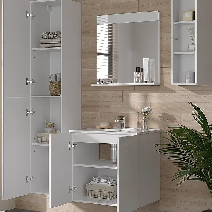 Vicco Badmöbel-Set Izan Weiß 4 Teile - Gesamtbreite Badmöbel: 98,4 cm, Weiß, Glänzend - Weißes Badmöbel-Set mit Waschbecken, Spiegel und Hochschrank, Türen offenbaren organisierten Innenraum.