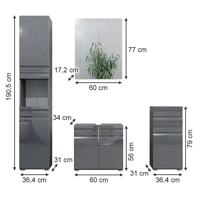 Vicco Badmöbel-Set Fredd Anthrazit Hochglanz 4 Teile - Gesamtbreite Badmöbel: 132,8 cm, Anthrazit Hochglanz, Matt - Graues glänzendes Badezimmermöbel-Set mit Hoch-, Mittel- und Unterschrank, mit Maßen dargestellt.