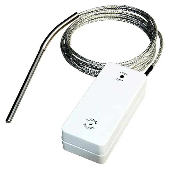 Air-Circle Funk-Temperatursensor BL220TEMP - Mit Sensorleitung und Temperaturfühler - Das Bild zeigt einen Temperatursensor mit einem langen, silbernen Messfühler und einer weißen Steuereinheit, verbunden durch ein silbernes Kabel.