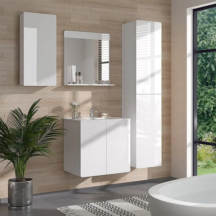 Vicco Badmöbel-Set Izan Weiß 4 Teile - Gesamtbreite Badmöbel: 98,4 cm, Weiß, Glänzend - Modernes weißes Hochglanz-Badezimmermöbelset mit schwebendem Waschtisch, Spiegel und Aufbewahrungsschränken in einem zeitgenössischen Badezimmer.