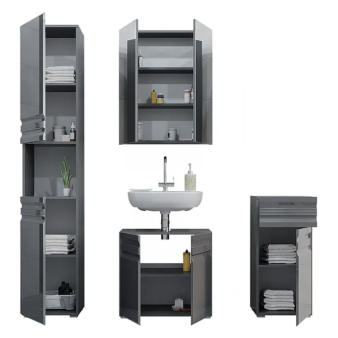 Vicco Badmöbel-Set Fredd Anthrazit Hochglanz 4 Teile - Gesamtbreite Badmöbel: 132,8 cm, Anthrazit Hochglanz, Matt - Glänzendes graues Badmöbel-Set mit Hoch-, Wand-, Waschbecken- und Seitenschrank für vielfältigen Stauraum.