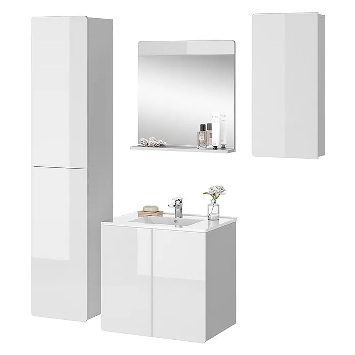 Vicco Badmöbel-Set Izan Weiß 4 Teile - Gesamtbreite Badmöbel: 98,4 cm, Weiß, Glänzend - Weißes, glänzendes Badmöbel-Set mit Hochschrank, Waschtisch, Spiegel mit Ablage und Wandschrank.
