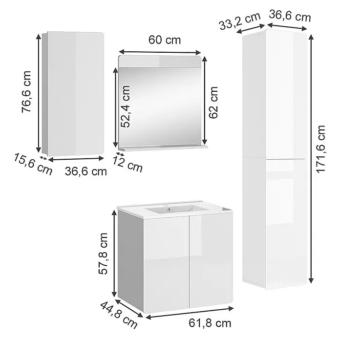 Vicco Badmöbel-Set Izan Weiß 4 Teile - Gesamtbreite Badmöbel: 98,4 cm, Weiß, Glänzend - Weißglänzendes Badmöbelset mit Waschtischunterschrank, Spiegel und zwei Schränken, mit Maßen dargestellt.