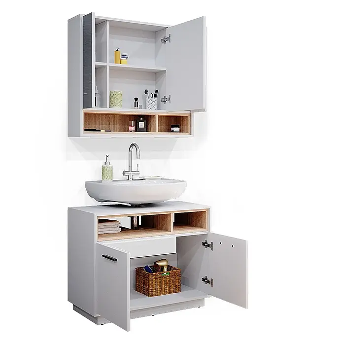 Vicco Badmöbel-Set Beatrice Weiß 2 Teile - Gesamtbreite Badmöbel: 80 cm, Weiß, Matt - Weiß-holzfarbener Badezimmermöbel-Set mit Keramik-Aufsatzwaschbecken, Wandschrank und Unterschrank mit offenen und geschlossenen Fächern.