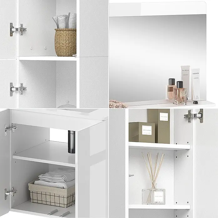 Vicco Badmöbel-Set Izan Weiß 4 Teile - Gesamtbreite Badmöbel: 98,4 cm, Weiß, Glänzend - Weißes modulares Badezimmermöbel mit Spiegel, Regalen und Staufächern.