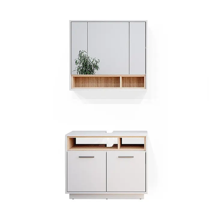 Vicco Badmöbel-Set Beatrice Weiß 2 Teile - Gesamtbreite Badmöbel: 80 cm, Weiß, Matt - Zwei-teiliges Badezimmer-Waschtischset mit weißem und hellem Holz Spiegelschrank und Waschbeckenunterschrank.