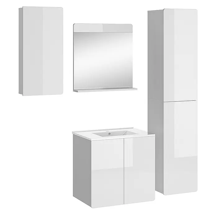 Vicco Badmöbel-Set Izan Weiß 4 Teile - Gesamtbreite Badmöbel: 98,4 cm, Weiß, Glänzend - Weißes, glänzendes Badmöbel-Set mit Hängeschrank, Spiegel, Waschtischunterschrank und Hochschrank.
