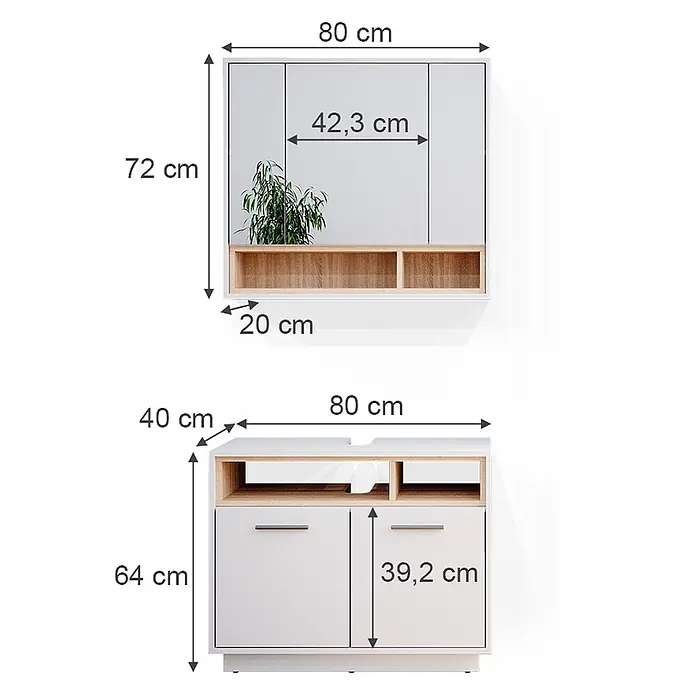 Vicco Badmöbel-Set Beatrice Weiß 2 Teile - Gesamtbreite Badmöbel: 80 cm, Weiß, Matt - Zweiteiliges Badmöbelset in Weiß und heller Holzoptik mit Stauraum und Spiegelschrank.