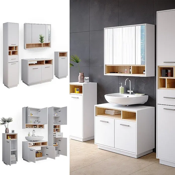 Vicco Badmöbel-Set Beatrice Weiß 4 Teile - Gesamtbreite Badmöbel: 156 cm, Weiß, Matt - Weißes Badezimmermöbel-Set mit Holzdetails, bestehend aus Schränken, Waschtischunterschrank und Spiegelschrank.