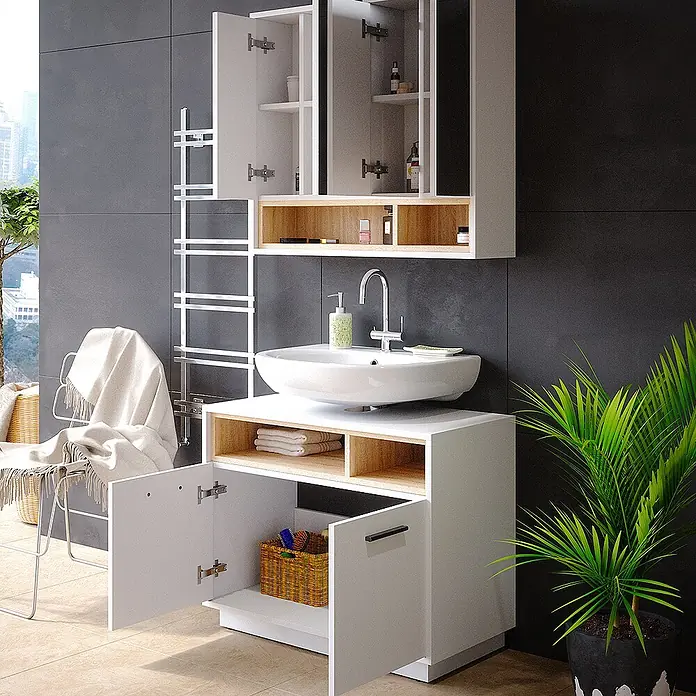 Vicco Badmöbel-Set Beatrice Weiß 2 Teile - Gesamtbreite Badmöbel: 80 cm, Weiß, Matt - Weißer Badunterschrank mit Aufsatzwaschbecken und Wandschrank mit Spiegel, ergänzt durch offene Holzregale.