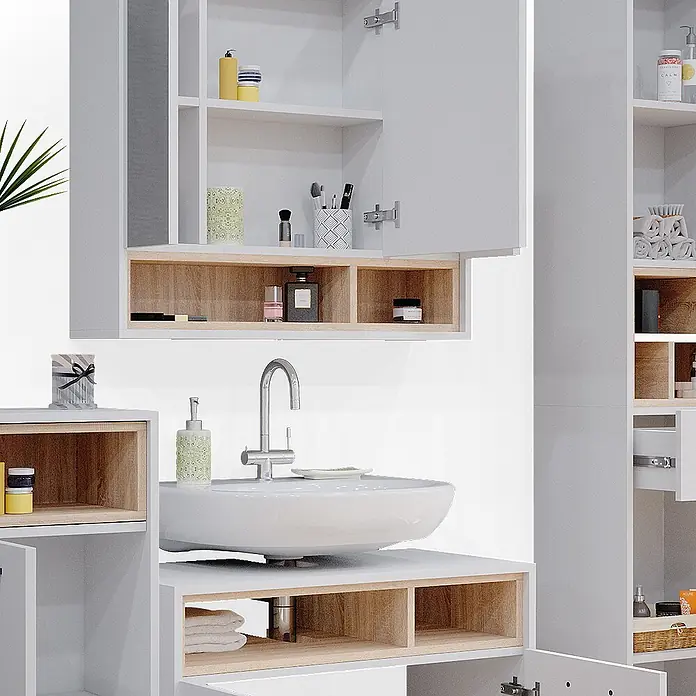 Vicco Badmöbel-Set Beatrice Weiß 4 Teile - Gesamtbreite Badmöbel: 156 cm, Weiß, Matt - Weißes Badezimmer-Schranksystem mit hellen Holzablagen und integriertem Waschbecken für stilvolle Aufbewahrung.