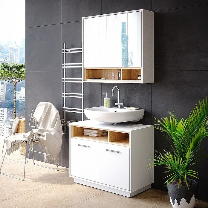 Vicco Badmöbel-Set Beatrice Weiß 2 Teile - Gesamtbreite Badmöbel: 80 cm, Weiß, Matt - Modernes Badezimmer-Waschbeckenunterschrank-Set in Weiß mit Holzoptik, inklusive Aufsatzwaschbecken und Spiegelschrank.