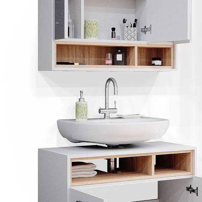 Vicco Badmöbel-Set Beatrice Weiß 2 Teile - Gesamtbreite Badmöbel: 80 cm, Weiß, Matt - Weißer und hellbrauner Badezimmer-Waschtischunterschrank mit Oberschrank, Aufsatzwaschbecken und offenen Regalen.