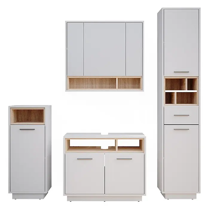 Vicco Badmöbel-Set Beatrice Weiß 4 Teile - Gesamtbreite Badmöbel: 156 cm, Weiß, Matt - Modulares hellgraues und holzfarbenes Möbelset mit verschiedenen Aufbewahrungseinheiten.