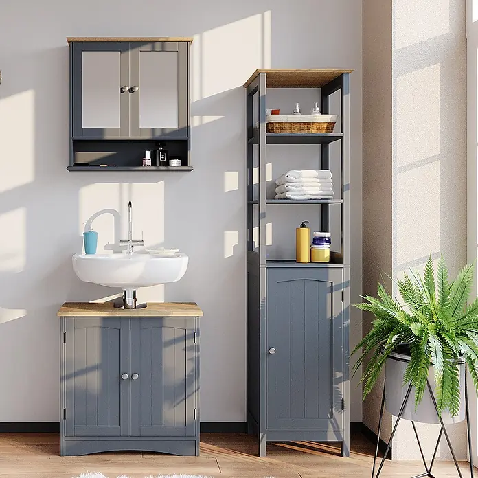 Vicco Badmöbel-Set Bianco Grau 3 Teile, mit Hochschrank - Gesamtbreite Badmöbel: 100 cm, Grau, Matt - Graue Badmöbelgarnitur mit Naturholzplatten, bestehend aus Waschtischunterschrank, Spiegelschrank und hohem Stauraumschrank.