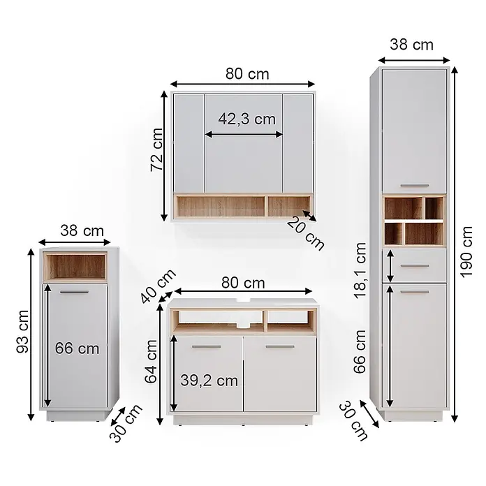 Vicco Badmöbel-Set Beatrice Weiß 4 Teile - Gesamtbreite Badmöbel: 156 cm, Weiß, Matt - Modulares Möbelset in hellem Holz und Weiß, bestehend aus verschiedenen Schränken und Regalen mit Maßen.