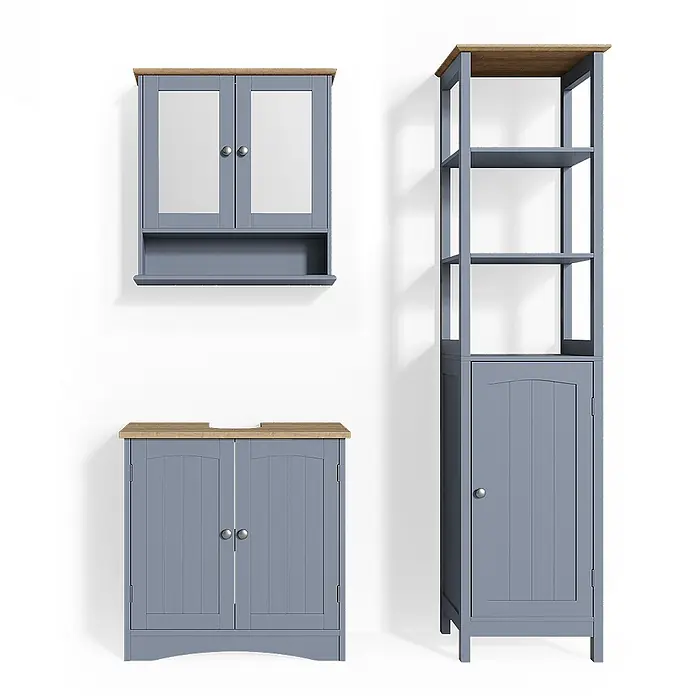 Vicco Badmöbel-Set Bianco Grau 3 Teile, mit Hochschrank - Gesamtbreite Badmöbel: 100 cm, Grau, Matt - Set aus drei staubblauen Badschränken mit naturfarbenen Holzplatten: Spiegelschrank, Waschtischunterschrank und hoher Stauraumschrank.