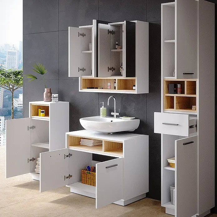 Vicco Badmöbel-Set Beatrice Weiß 4 Teile - Gesamtbreite Badmöbel: 156 cm, Weiß, Matt - Weißes und holzfarbenes Badmöbelset mit Waschbecken, viel Stauraum durch offene und geschlossene Fächer.