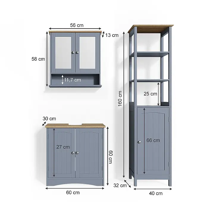 Vicco Badmöbel-Set Bianco Grau 3 Teile, mit Hochschrank - Gesamtbreite Badmöbel: 100 cm, Grau, Matt - Drei graue Badschränke mit Holzplatten und Maßen. Ein Spiegelschrank, ein Waschtischunterschrank und ein hoher Regal mit Tür für das Badezimmer.