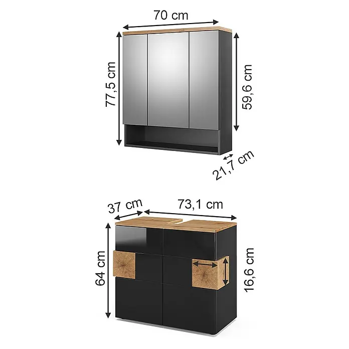 Vicco Badmöbel-Set Eden Anthrazit 2 Teile - Gesamtbreite Badmöbel: 73,1 cm, Anthrazit, Matt - Schwarzes Badezimmerset: Spiegelschrank mit Holzplatte und offenem Fach, dazu Waschtischunterschrank mit Holzplatte und Akzenten. Maße angegeben.