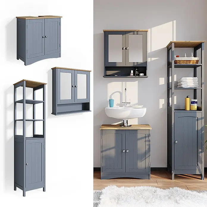 Vicco Badmöbel-Set Bianco Grau 3 Teile, mit Hochschrank - Gesamtbreite Badmöbel: 100 cm, Grau, Matt - Graues Badmöbelset mit Holzplatten: Waschbeckenunterschrank, Spiegelschrank und Hochschränke, im Bad gezeigt.