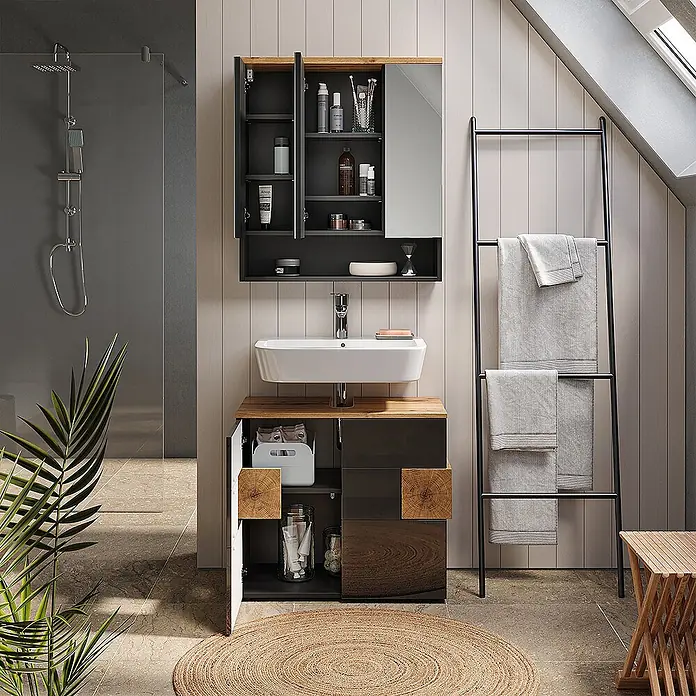 Vicco Badmöbel-Set Eden Anthrazit 2 Teile - Gesamtbreite Badmöbel: 73,1 cm, Anthrazit, Matt - Modernes Badmöbel-Set mit weißem Waschbecken, dunkelgrauem und Holz-Effekt-Schrank sowie passendem Spiegelschrank.