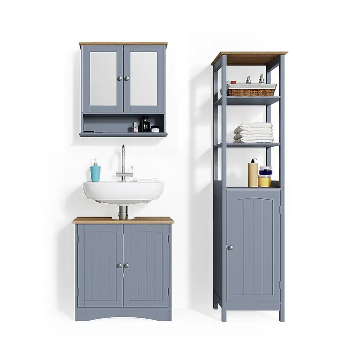 Vicco Badmöbel-Set Bianco Grau 3 Teile, mit Hochschrank - Gesamtbreite Badmöbel: 100 cm, Grau, Matt - Graues Badmöbel-Set: Waschtisch mit Waschbecken, Spiegelschrank und Hochschrank mit Holzoptik-Platten.