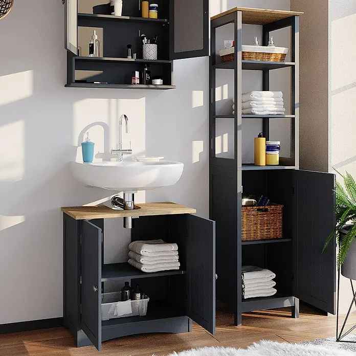 Vicco Badmöbel-Set Bianco Grau 3 Teile, mit Hochschrank - Gesamtbreite Badmöbel: 100 cm, Grau, Matt - Dunkelgraue Badmöbel mit Holzdetails: Waschtischunterschrank, Hochschrank und Spiegelschrank.