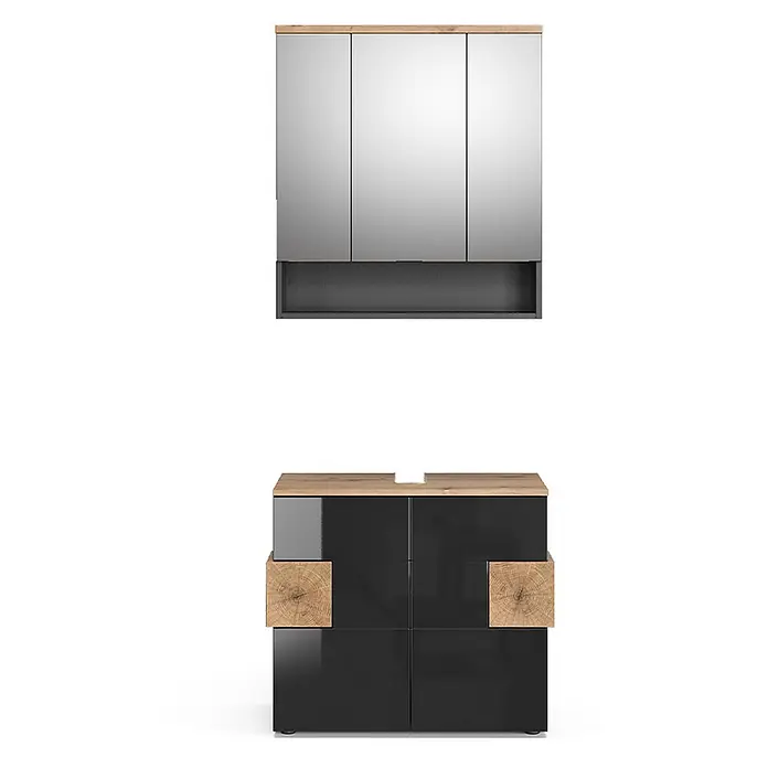 Vicco Badmöbel-Set Eden Anthrazit 2 Teile - Gesamtbreite Badmöbel: 73,1 cm, Anthrazit, Matt - Modernes Badezimmermöbel-Set: dreitüriger Spiegelschrank (hellholzige Oberseite, dunkles Regal) und dunkler Glanz-Waschbeckenunterschrank mit Holz-Akzenten.
