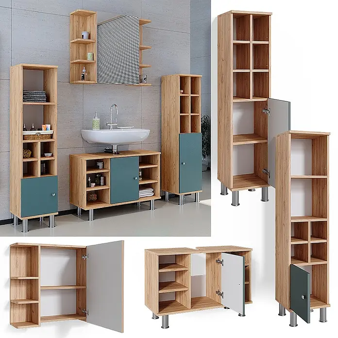 Vicco Badmöbel-Set Fynn Grün 4 Teile, mit Midischränke - Gesamtbreite Badmöbel: 140 cm, Grün, Matt - Badezimmermöbel-Set in heller Holzoptik mit petrolfarbenen und grauen Türen, bestehend aus Hochschränken, einem Waschbeckenunterschrank und Wandregalen.