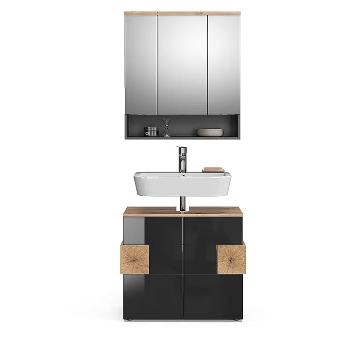 Vicco Badmöbel-Set Eden Anthrazit 2 Teile - Gesamtbreite Badmöbel: 73,1 cm, Anthrazit, Matt - Modernes Badmöbel-Set mit schwarzem Hochglanzunterschrank, Holzapplikationen, weißem Waschbecken, Chromarmatur und Spiegelschrank.