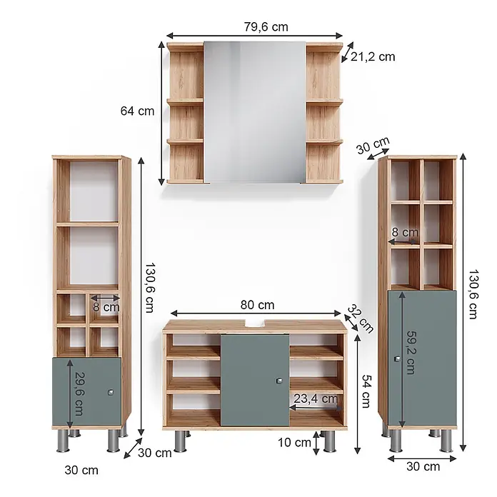 Vicco Badmöbel-Set Fynn Grün 4 Teile, mit Midischränke - Gesamtbreite Badmöbel: 140 cm, Grün, Matt - Modulares Badezimmer-/Flurmöbelset aus heller Eiche mit dunkelgrauen Akzenten, bestehend aus Spiegelschrank, Unterschrank und zwei Hochschränken, bemaßt.