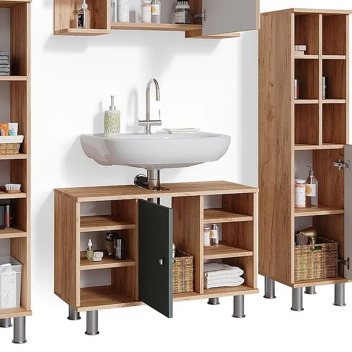 Vicco Badmöbel-Set Fynn Grün 4 Teile, mit Midischränke - Gesamtbreite Badmöbel: 140 cm, Grün, Matt - Hölzernes Badmöbel-Set mit Waschbeckenunterschrank, Hochschrank und Wandregalen, helles Holzdekor und dunkelgraue Akzente.